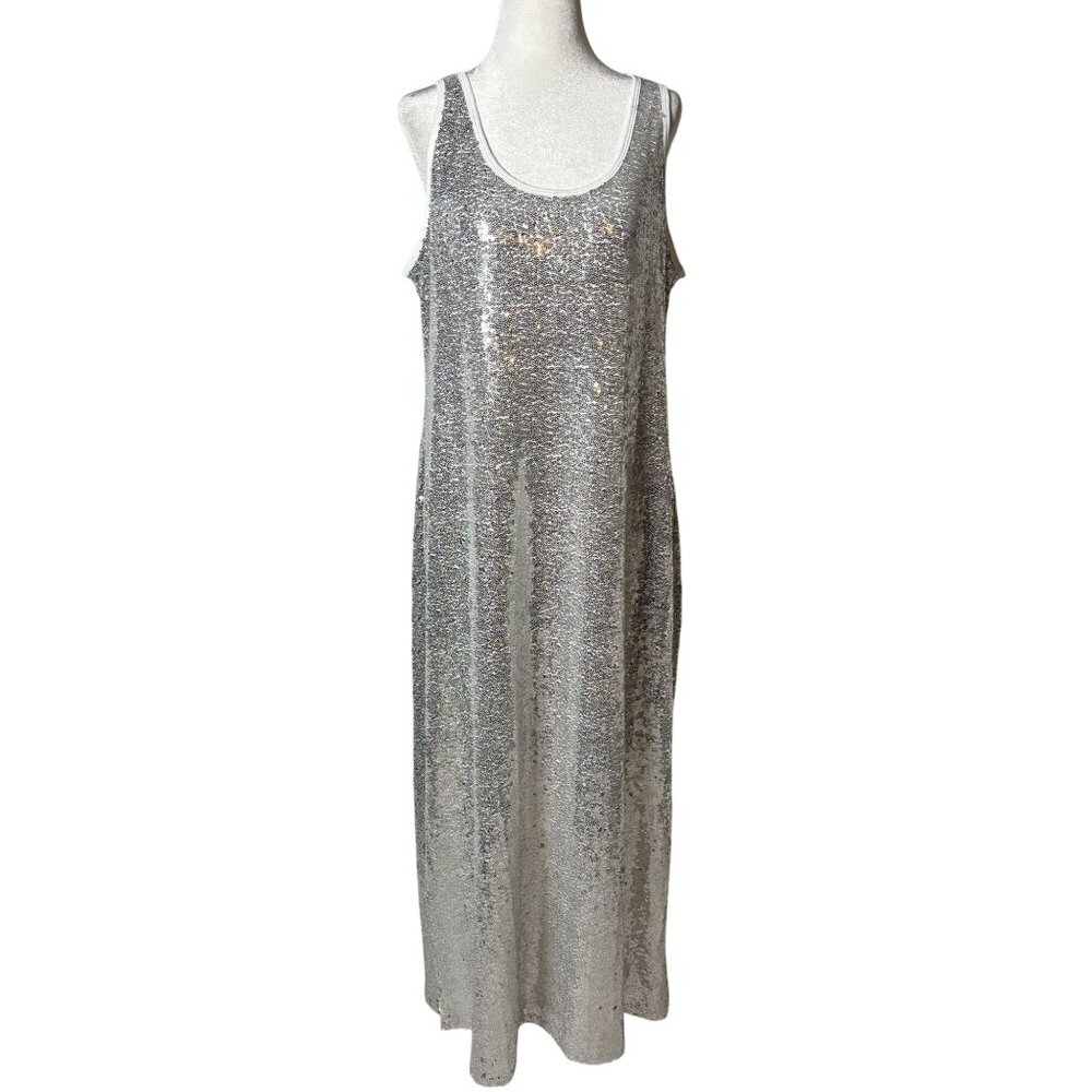 NWT Plus 14/16 Silver Sequin Maxi Dress | Holiday Glam Party Evening Gown Fairyc